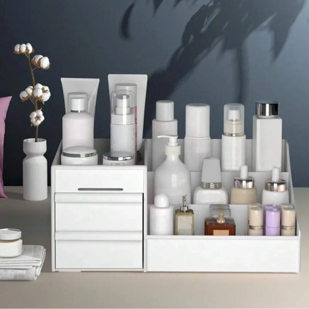 1pc White Drawer Cosmetic Storage Box Makeup Organizer With Dividers Shelf